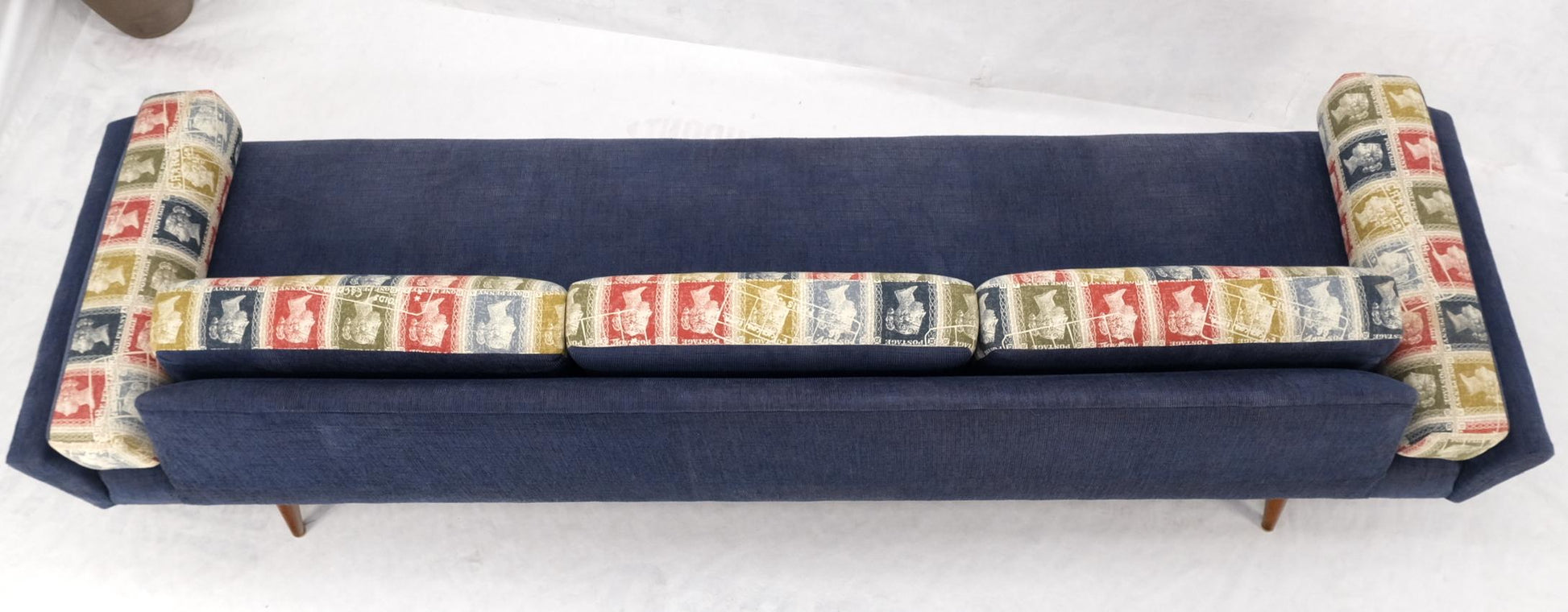 EstablishedLines Adrian Pearsall Mid-Century Walnut Frame Stamps Theme Upholstery Gondola Sofa