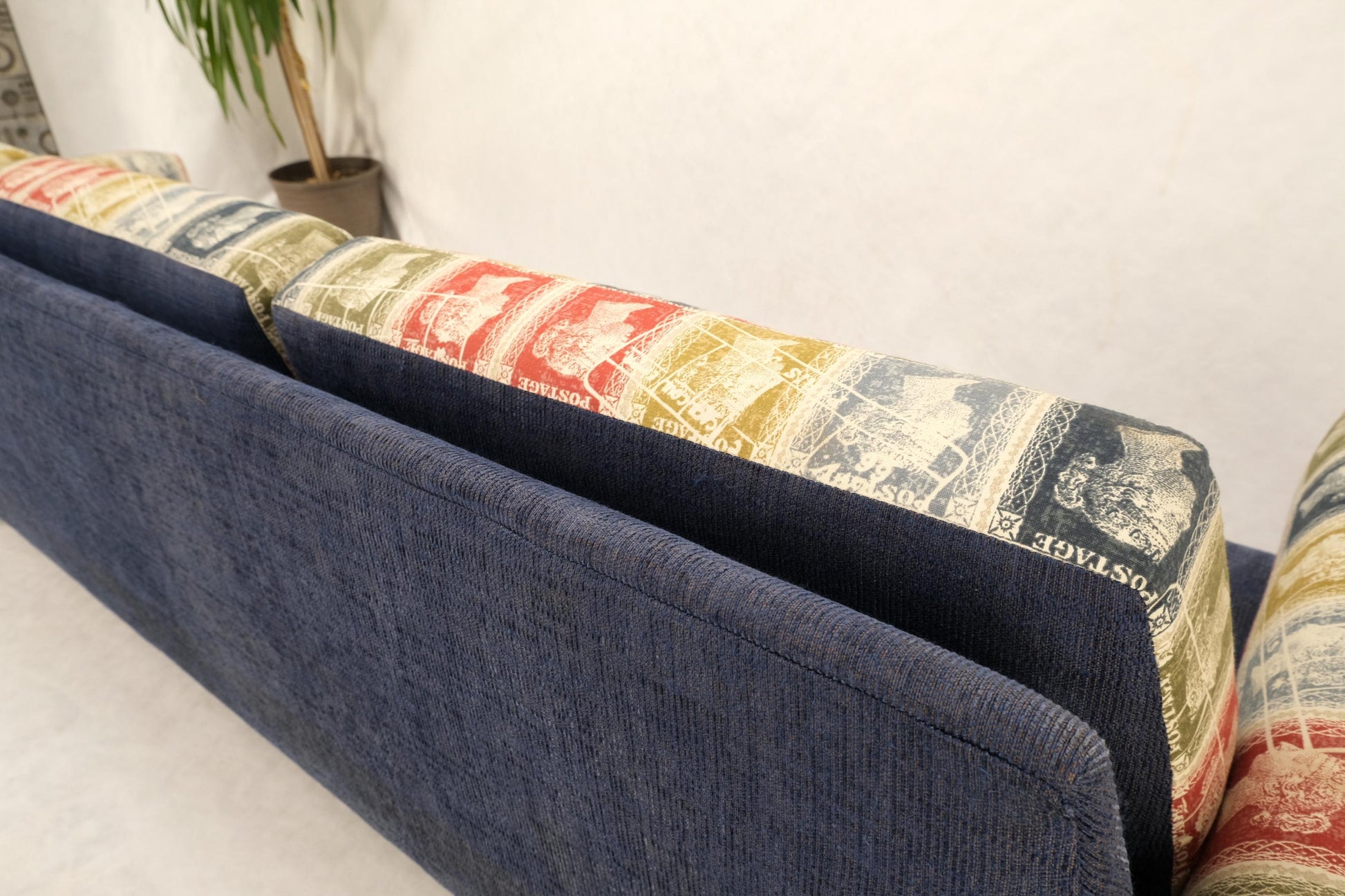 EstablishedLines Adrian Pearsall Mid-Century Walnut Frame Stamps Theme Upholstery Gondola Sofa