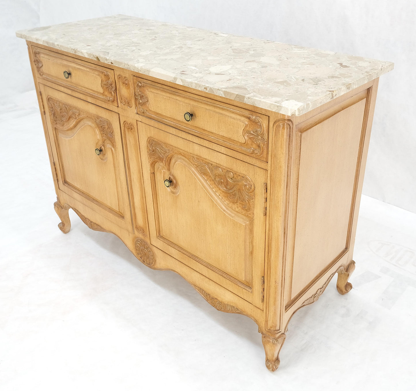 EstablishedLines Marble Top Oak Country French Two Doors Drawers Cabinet Server Sideboard Buffet
