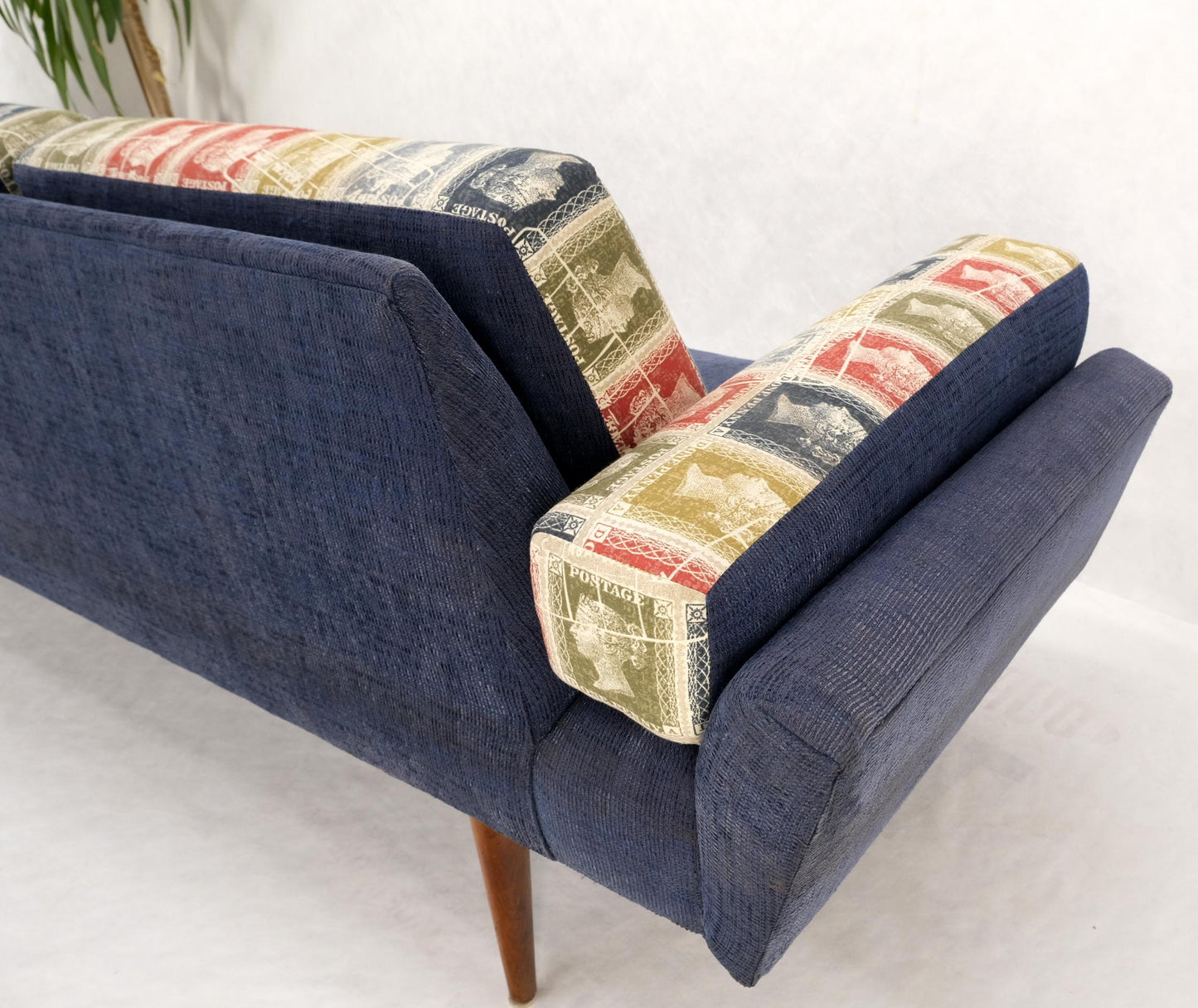 EstablishedLines Adrian Pearsall Mid-Century Walnut Frame Stamps Theme Upholstery Gondola Sofa