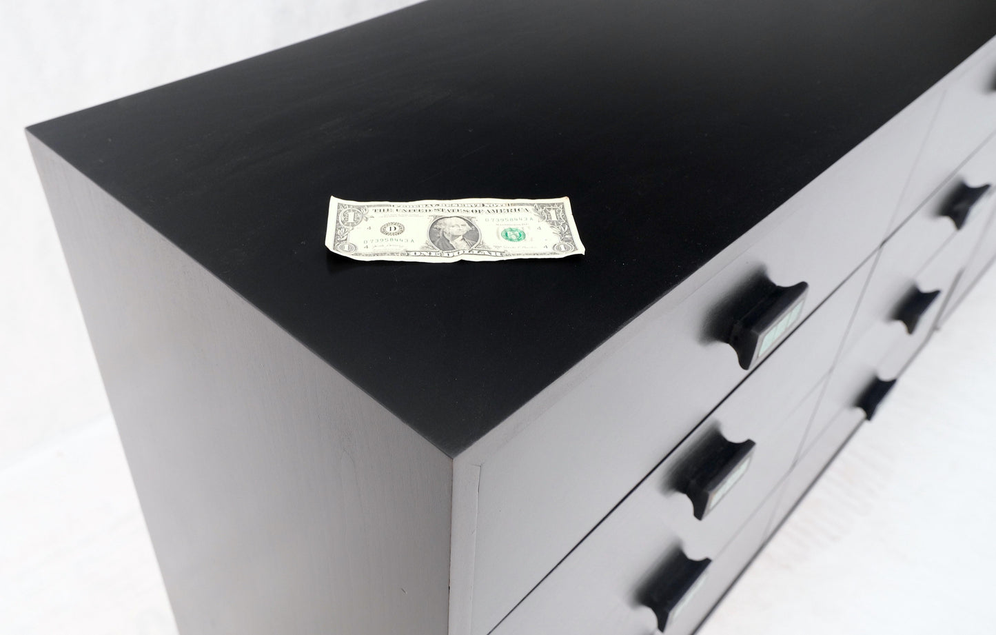 EstablishedLines Large Oversize Long Ebonized Black Lacquer Credenza Dresser Dowel Cone Legs Mint