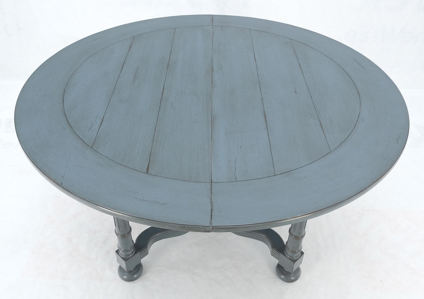 EstablishedLines Baker Round Blue Grey Wash Milk Paint Style Finish Dining Table 2 Leaves MINT!