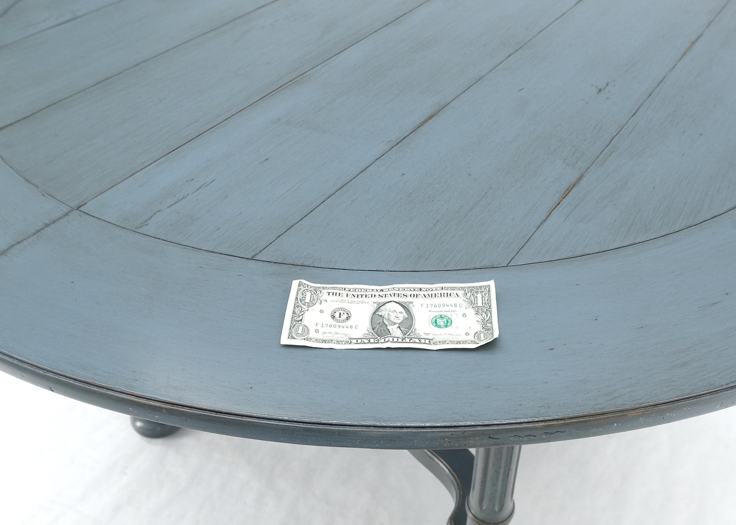 EstablishedLines Baker Round Blue Grey Wash Milk Paint Style Finish Dining Table 2 Leaves MINT!
