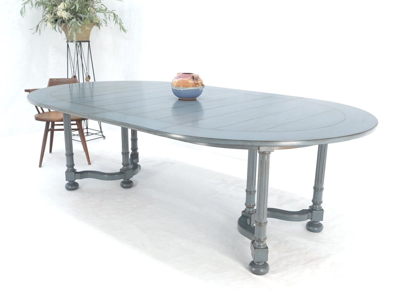 EstablishedLines Baker Round Blue Grey Wash Milk Paint Style Finish Dining Table 2 Leaves MINT!