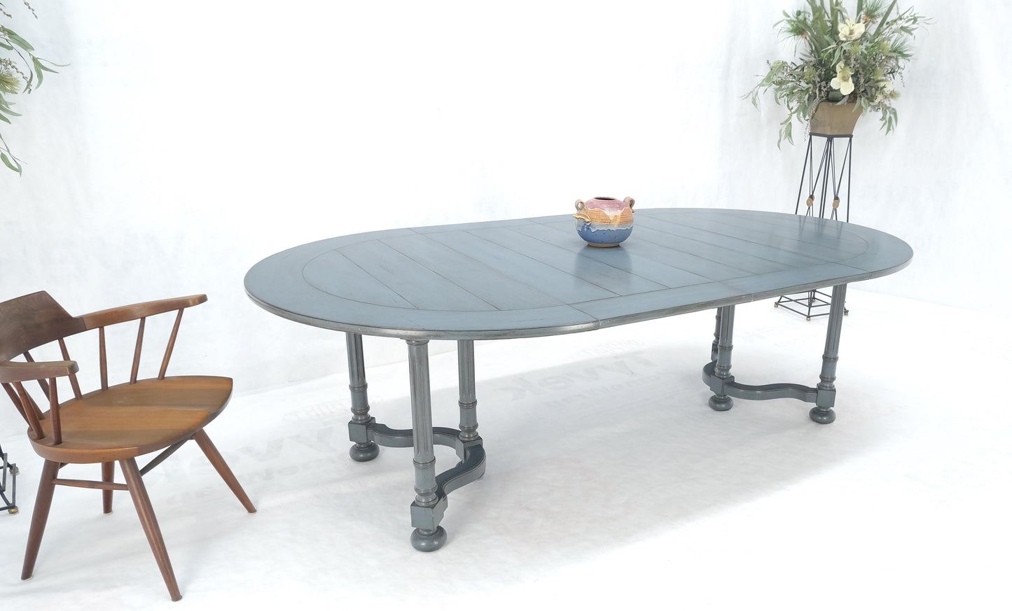 EstablishedLines Baker Round Blue Grey Wash Milk Paint Style Finish Dining Table 2 Leaves MINT!