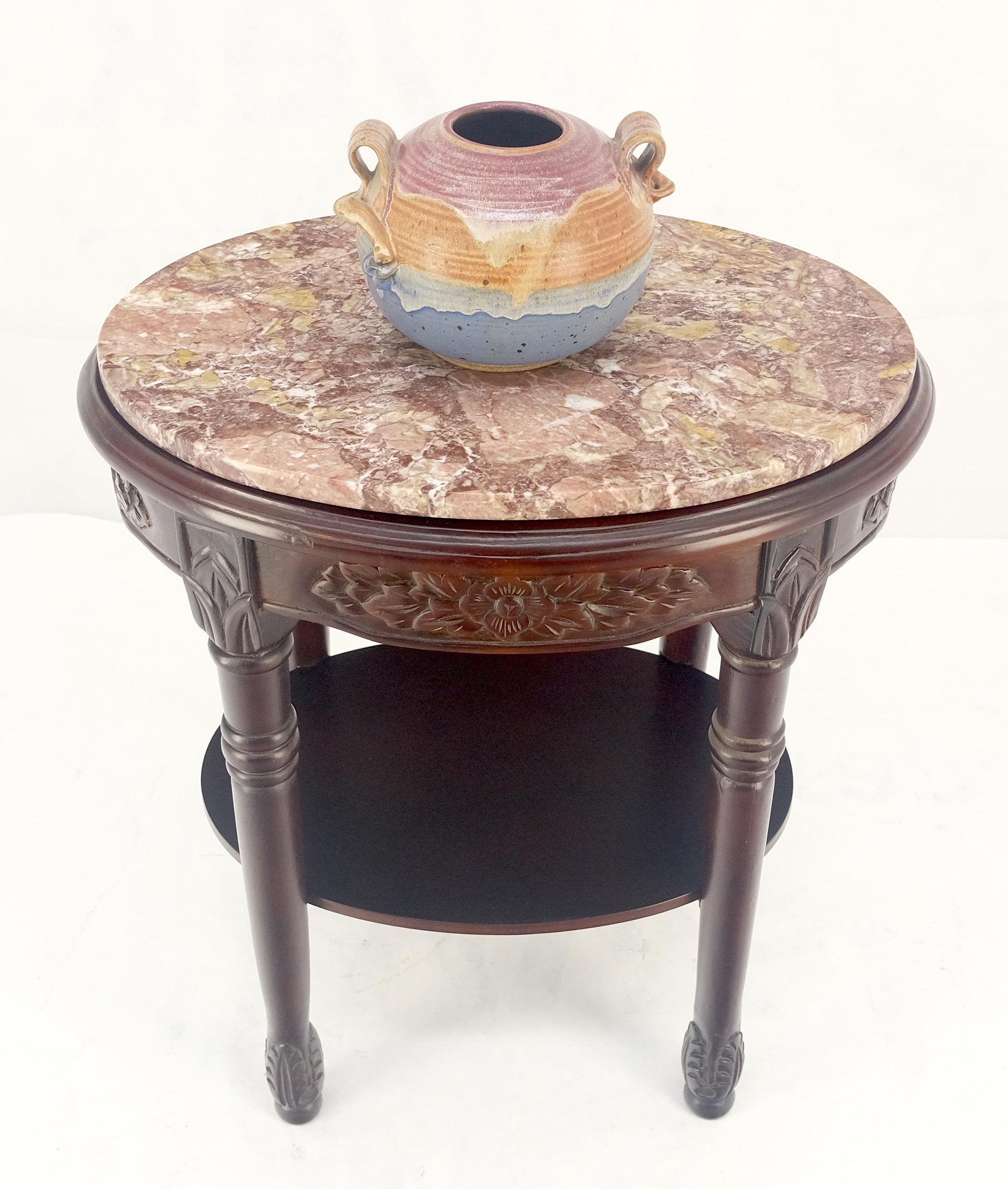 EstablishedLines Fine Carved Solid Mahogany Marble Oval Marble Top Stand Pedestal Lamp Table MINT