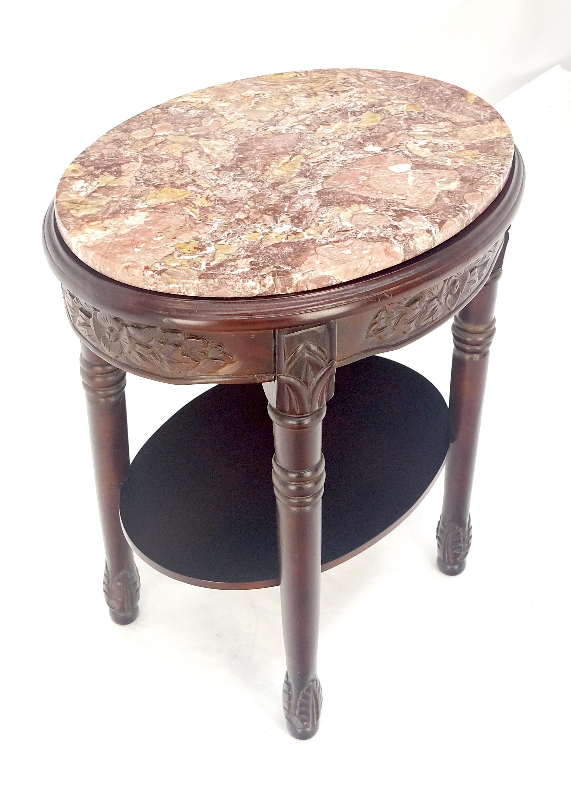 EstablishedLines Fine Carved Solid Mahogany Marble Oval Marble Top Stand Pedestal Lamp Table MINT