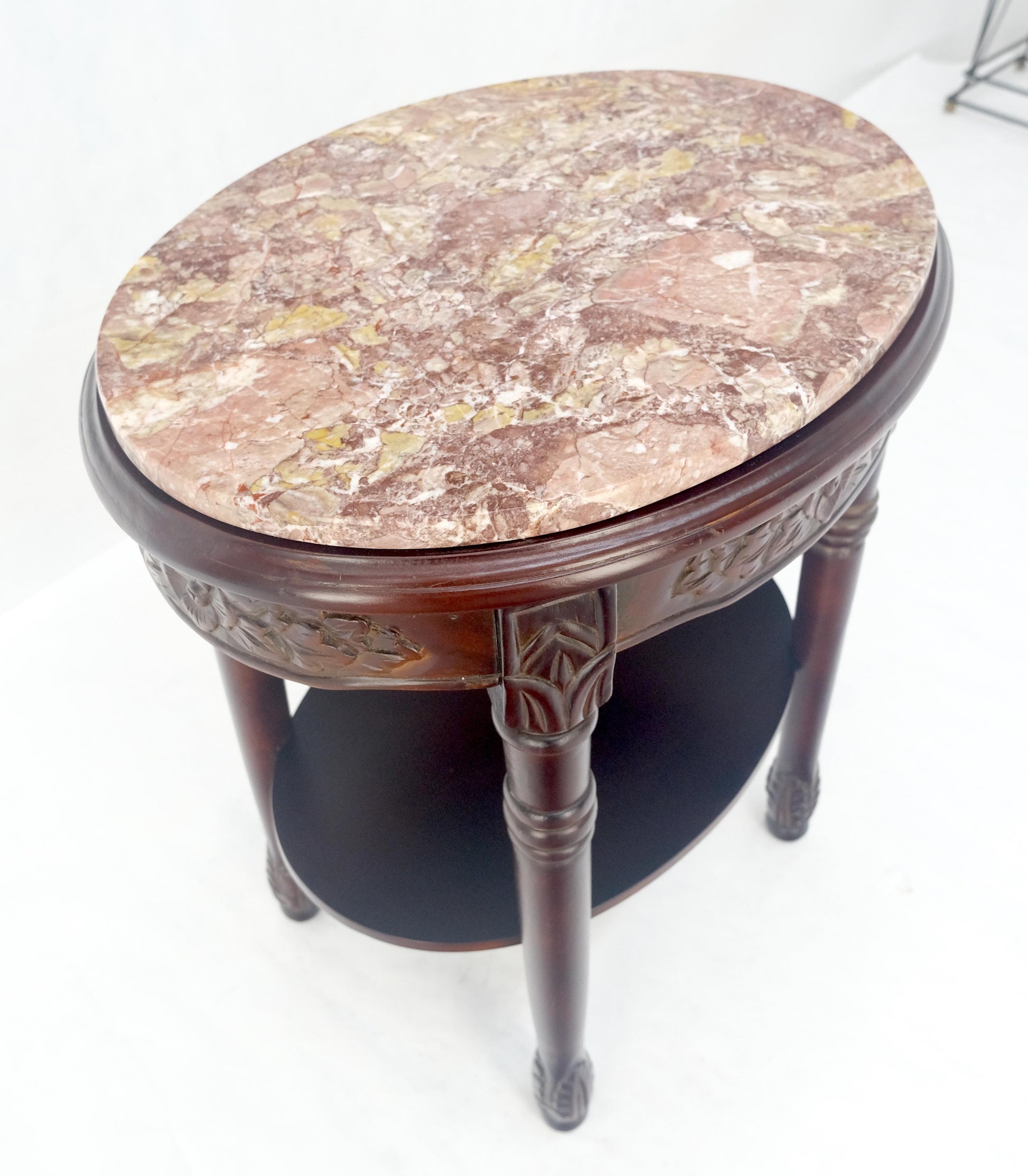 EstablishedLines Fine Carved Solid Mahogany Marble Oval Marble Top Stand Pedestal Lamp Table MINT