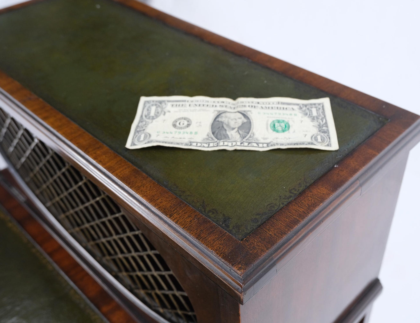 EstablishedLines English Green Leather & Mahogany Step Side End Table Stand Cabinet Bookcase