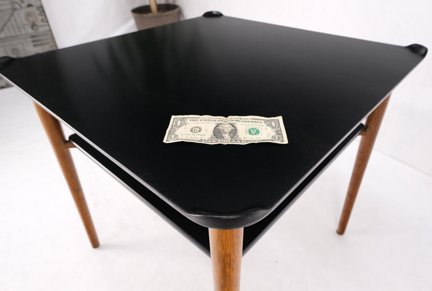 EstablishedLines Two Tier Black Lacquer & Walnut Square End Side Center Table Stand Juhl Baker