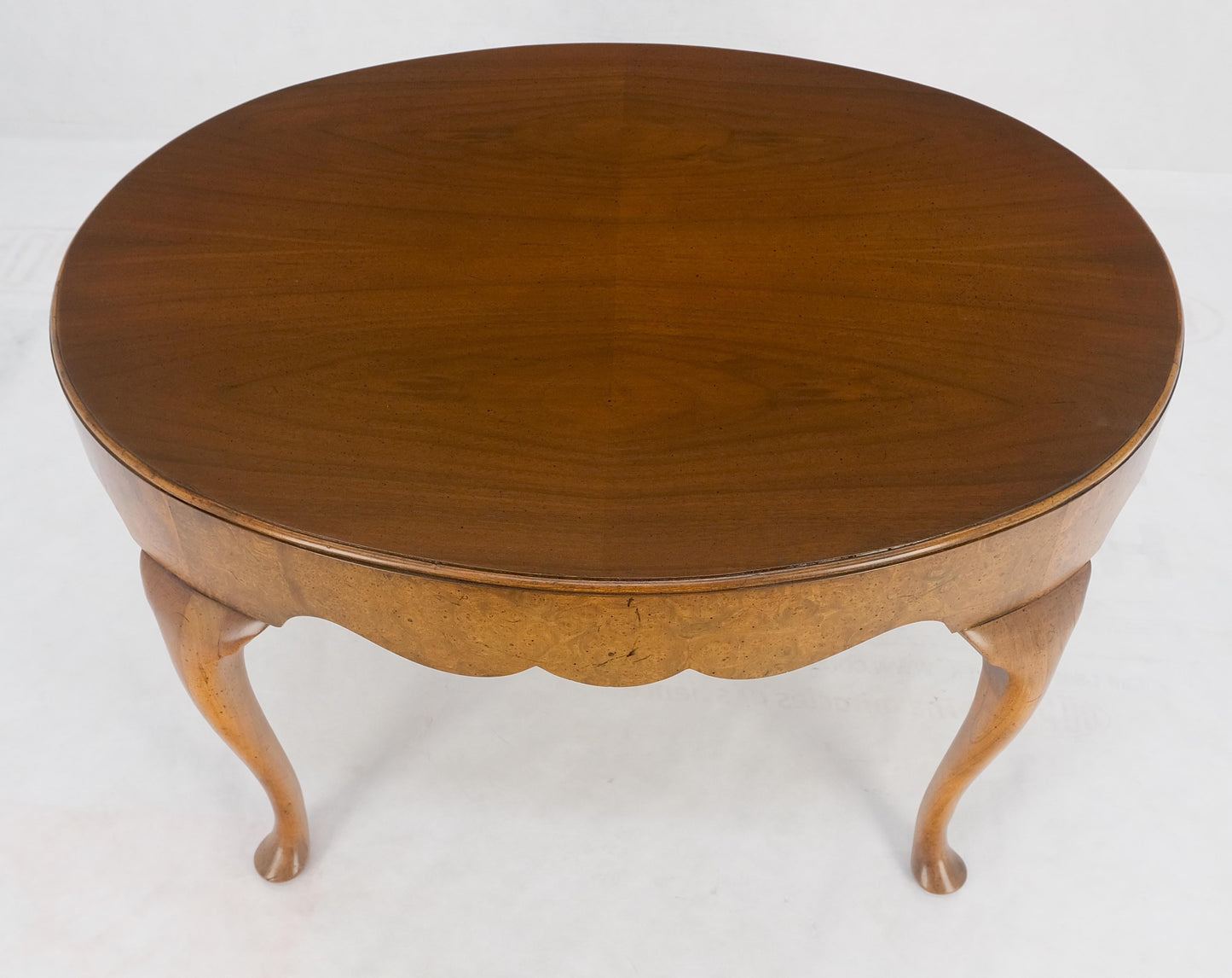 EstablishedLines Baker Oval Walnut Top Burl Base Thick Queen Ann Leg Coffee Side Occasional Table