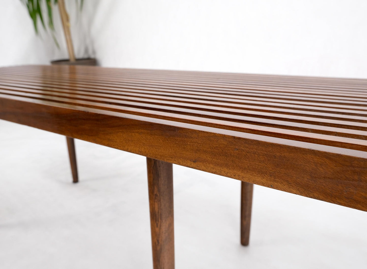 EstablishedLines Mel Smilow Slatted Solid Walnut Mid-Century Modern Bench on Tapered Dowel Legs