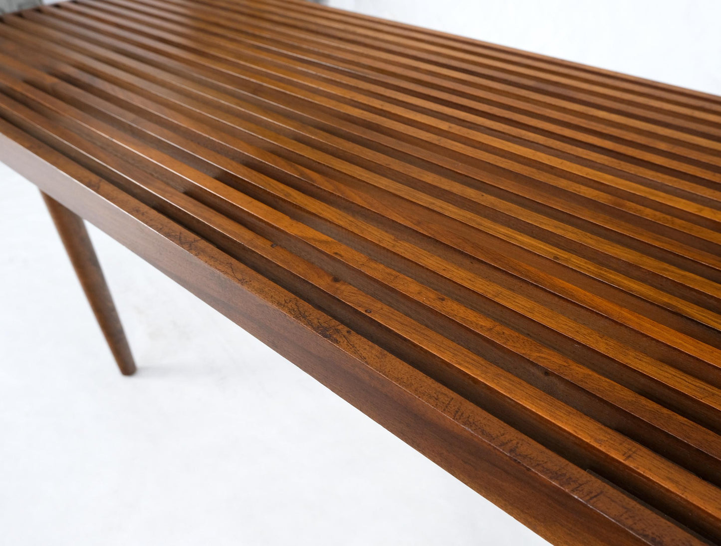 EstablishedLines Mel Smilow Slatted Solid Walnut Mid-Century Modern Bench on Tapered Dowel Legs