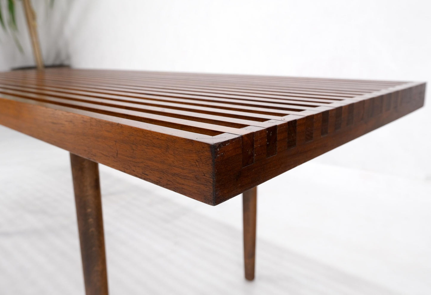 EstablishedLines Mel Smilow Slatted Solid Walnut Mid-Century Modern Bench on Tapered Dowel Legs