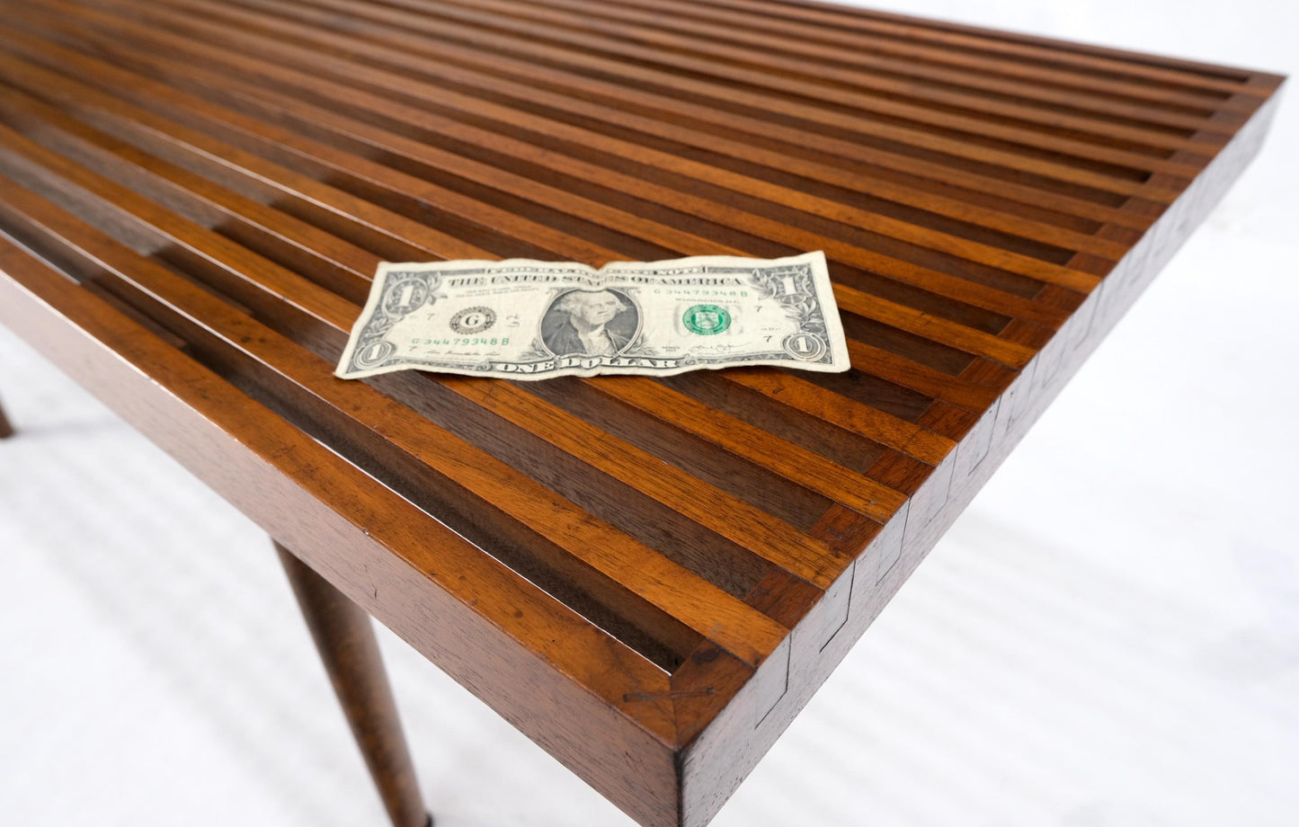 EstablishedLines Mel Smilow Slatted Solid Walnut Mid-Century Modern Bench on Tapered Dowel Legs