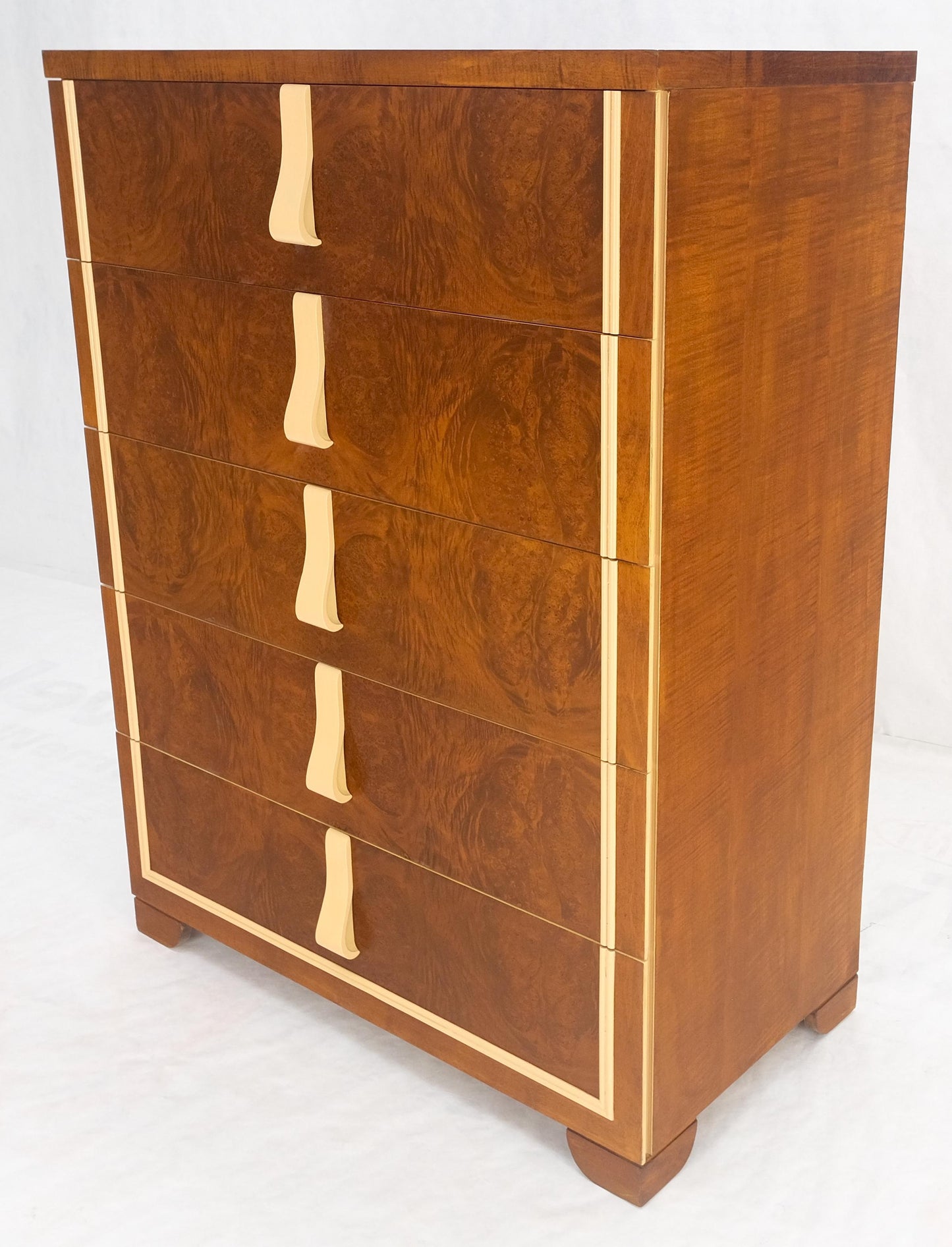 EstablishedLines Restored Art Deco Mid Century Burl Wood 5 Drawers Tall High Chest Dresser MINT!