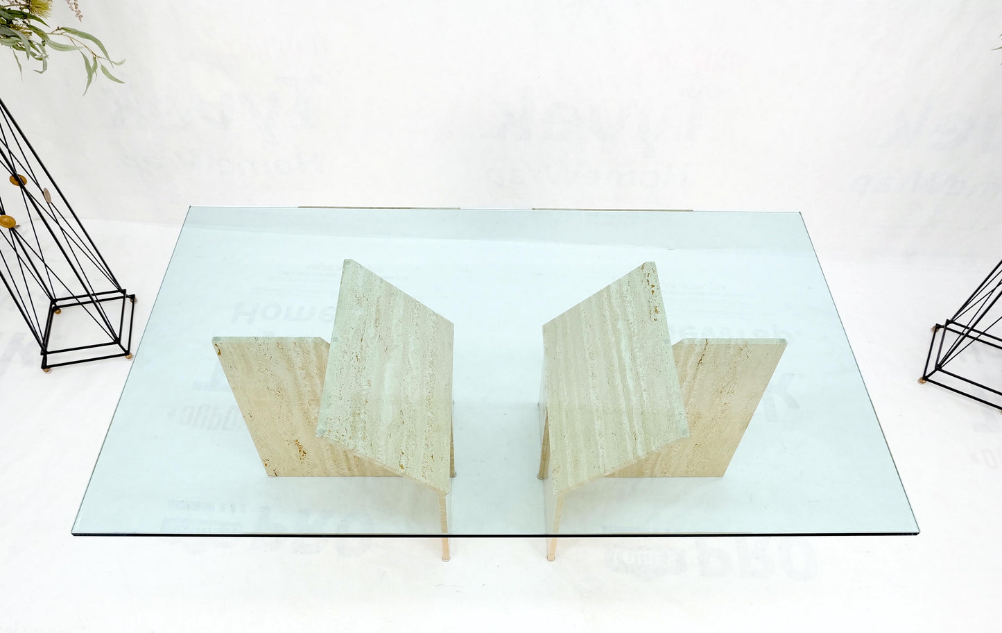 EstablishedLines Large Double Travertine Pedestal Glass Top Dining Conference Table Mint!