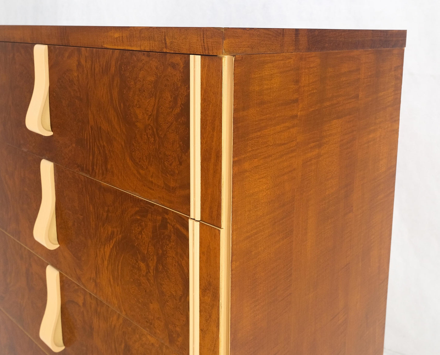 EstablishedLines Restored Art Deco Mid Century Burl Wood 5 Drawers Tall High Chest Dresser MINT!