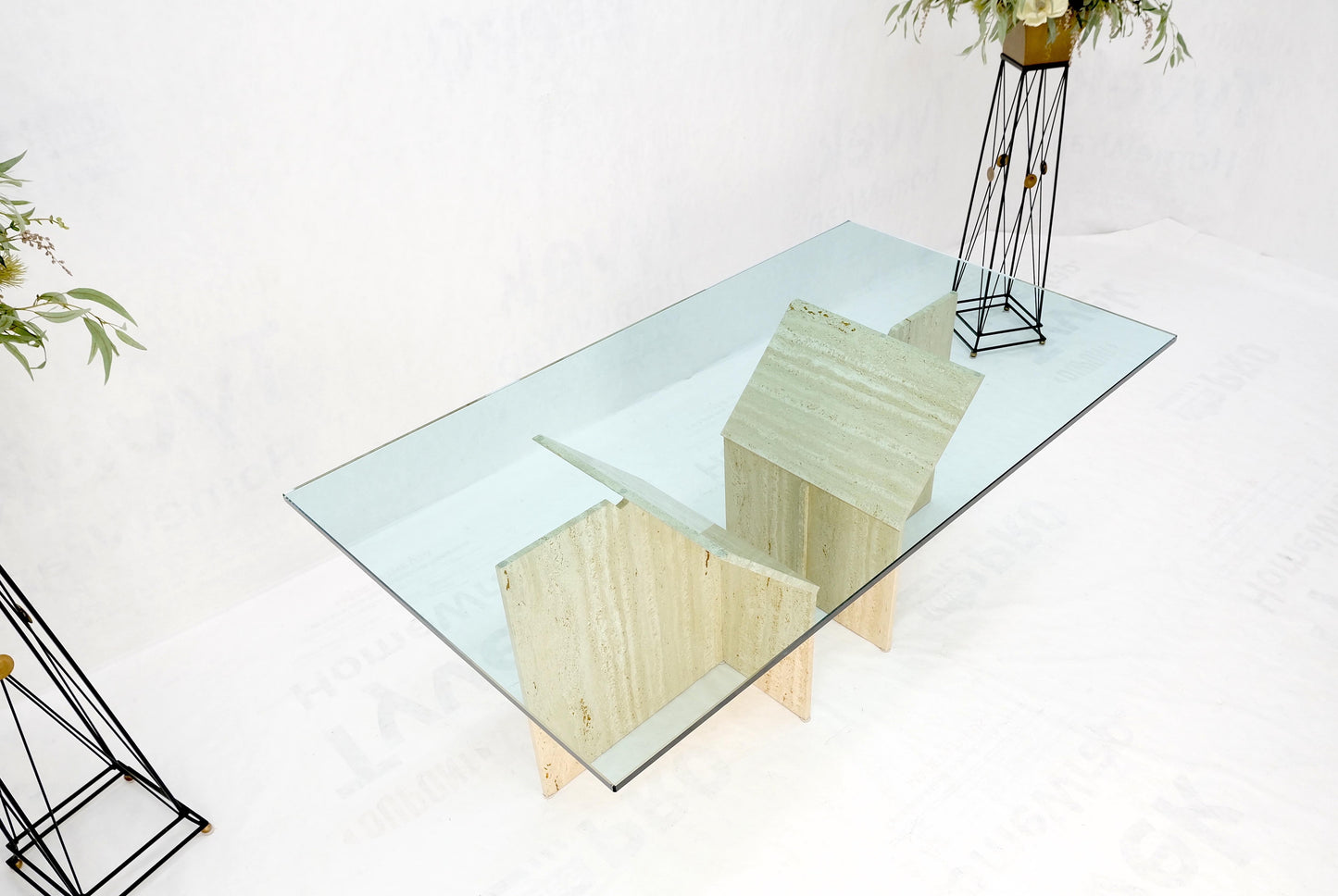 EstablishedLines Large Double Travertine Pedestal Glass Top Dining Conference Table Mint!