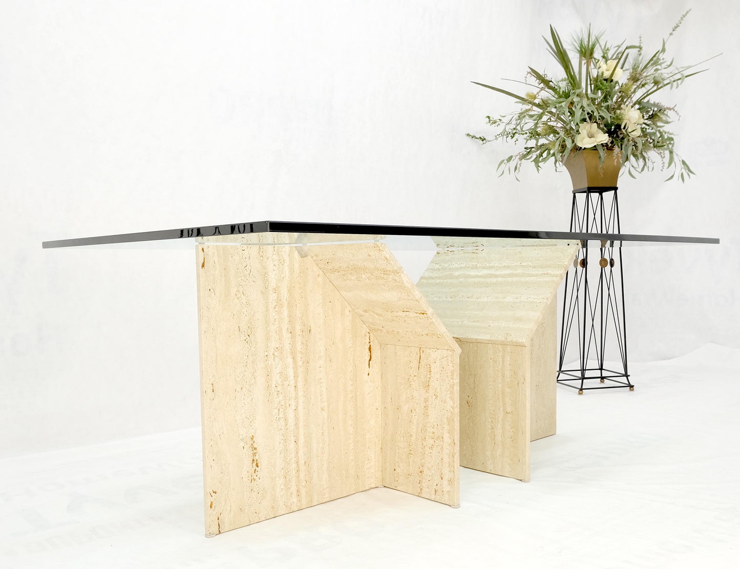EstablishedLines Large Double Travertine Pedestal Glass Top Dining Conference Table Mint!