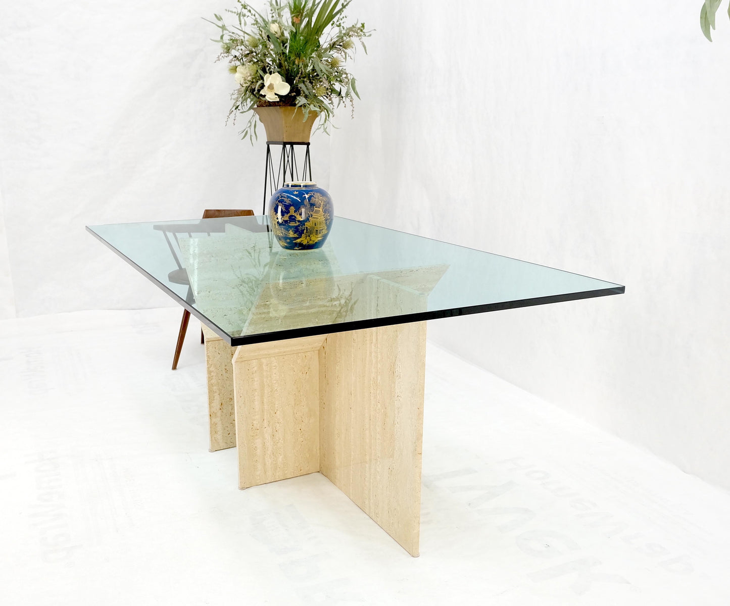 EstablishedLines Large Double Travertine Pedestal Glass Top Dining Conference Table Mint!