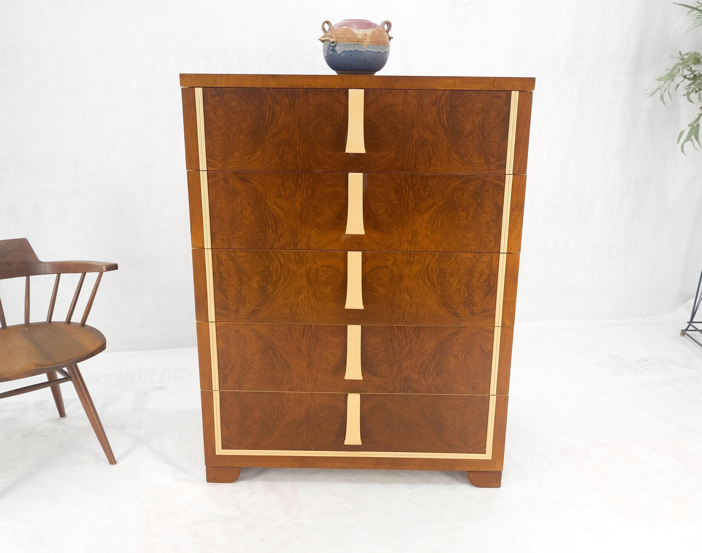 EstablishedLines Restored Art Deco Mid Century Burl Wood 5 Drawers Tall High Chest Dresser MINT!