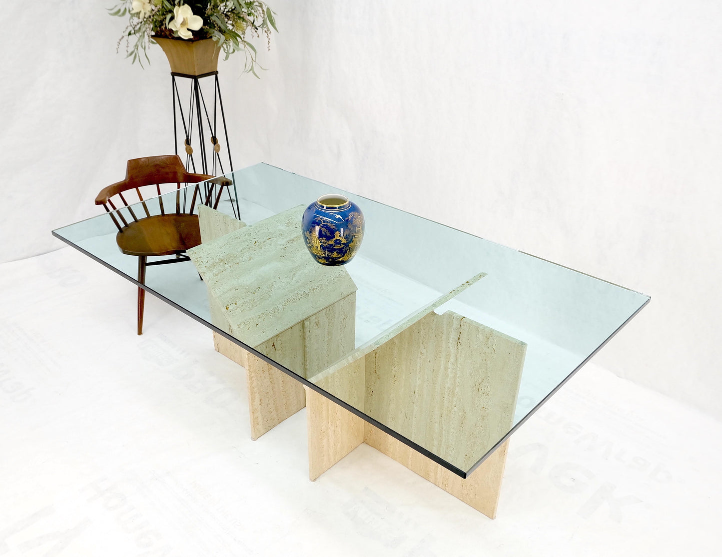 EstablishedLines Large Double Travertine Pedestal Glass Top Dining Conference Table Mint!