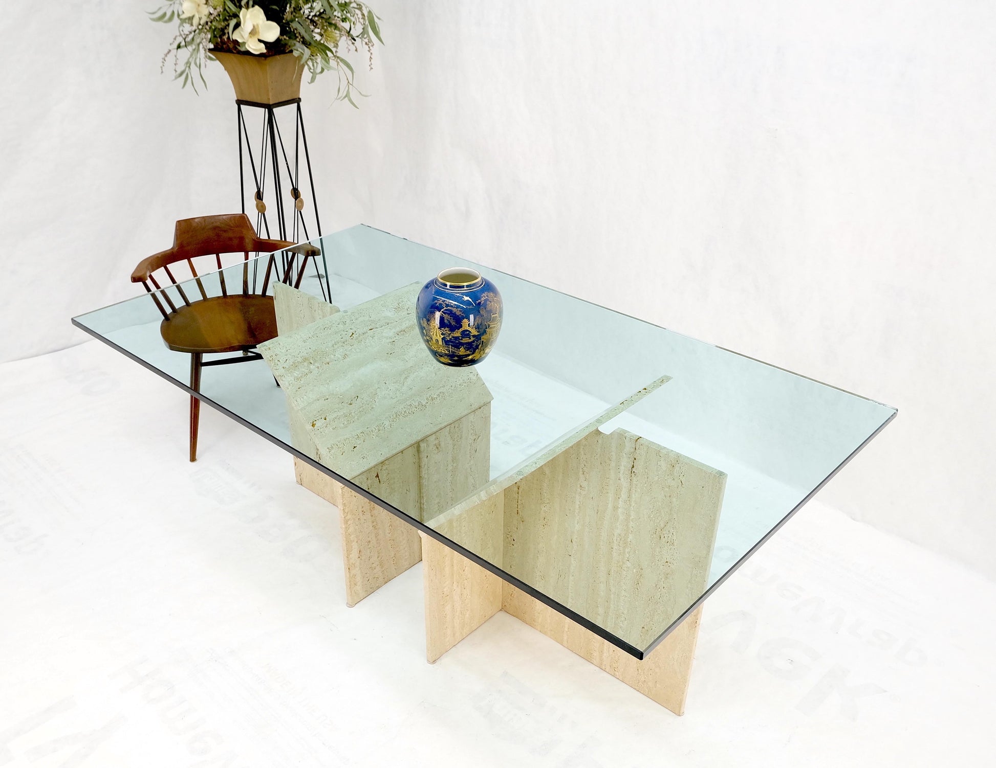 EstablishedLines Large Double Travertine Pedestal Glass Top Dining Conference Table Mint!
