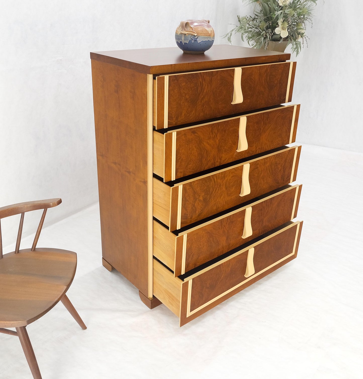 EstablishedLines Restored Art Deco Mid Century Burl Wood 5 Drawers Tall High Chest Dresser MINT!