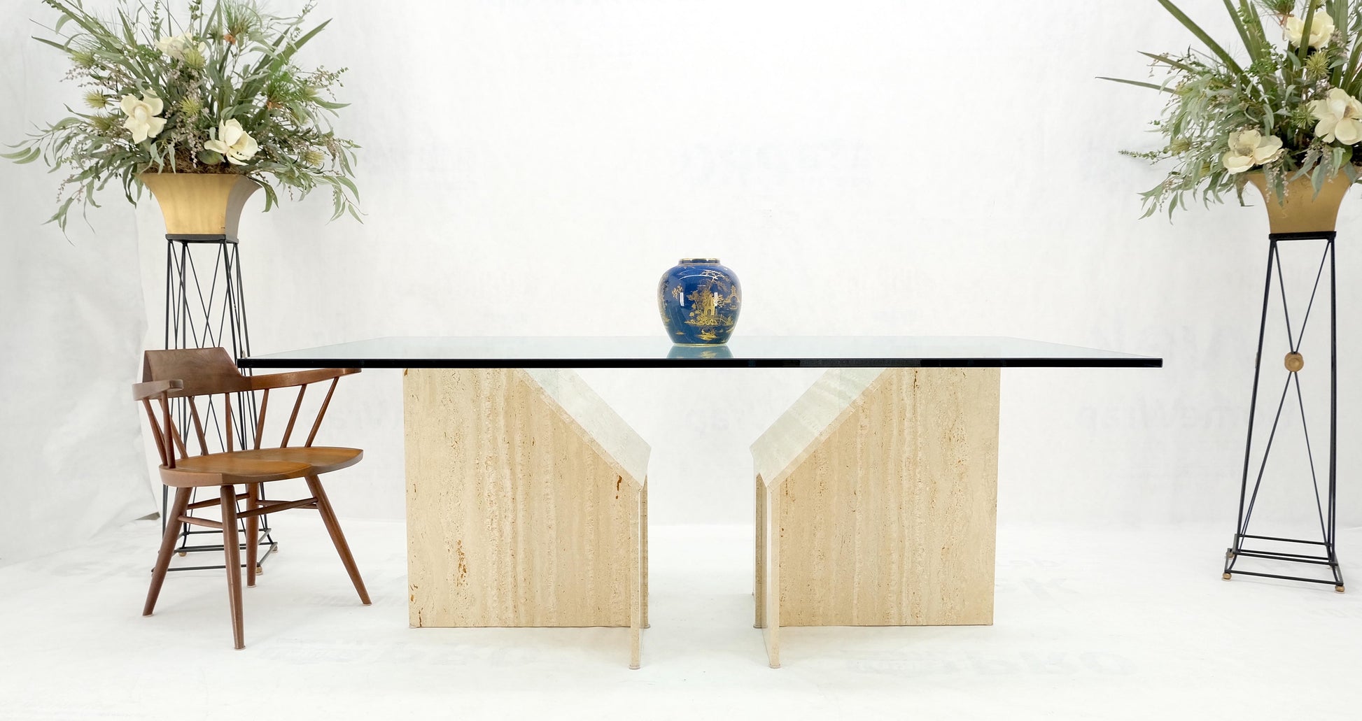 EstablishedLines Large Double Travertine Pedestal Glass Top Dining Conference Table Mint!