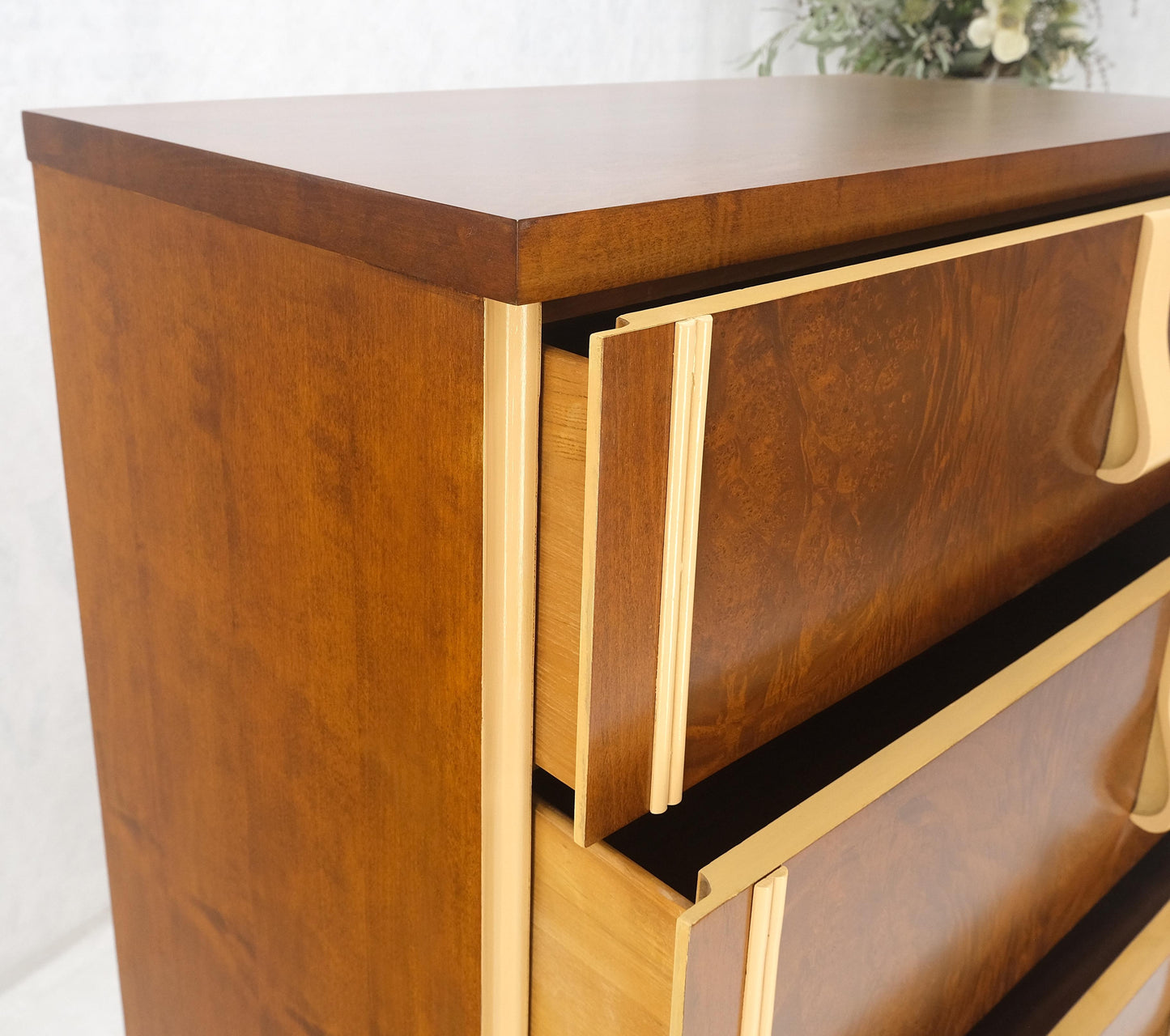 EstablishedLines Restored Art Deco Mid Century Burl Wood 5 Drawers Tall High Chest Dresser MINT!