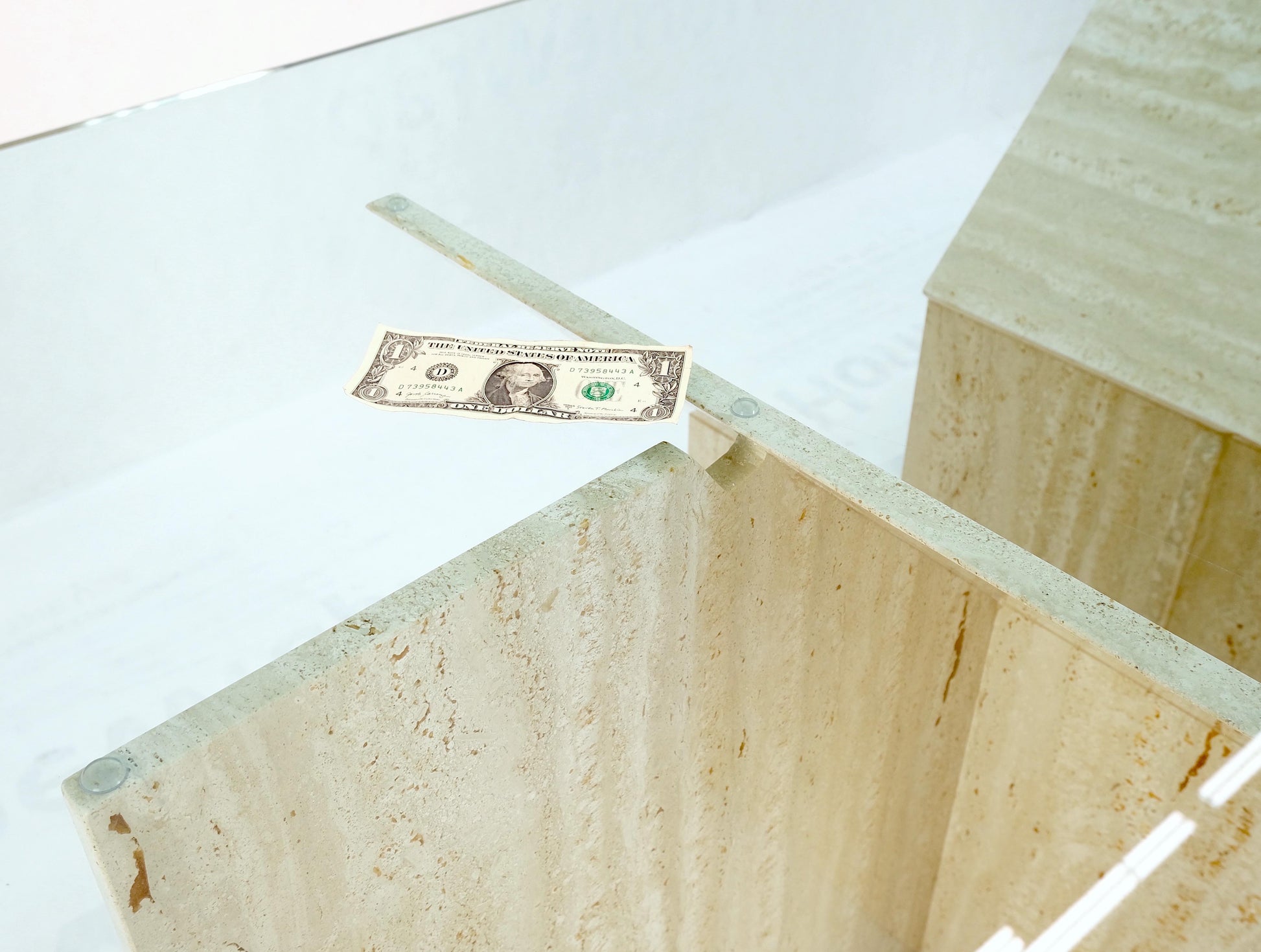 EstablishedLines Large Double Travertine Pedestal Glass Top Dining Conference Table Mint!