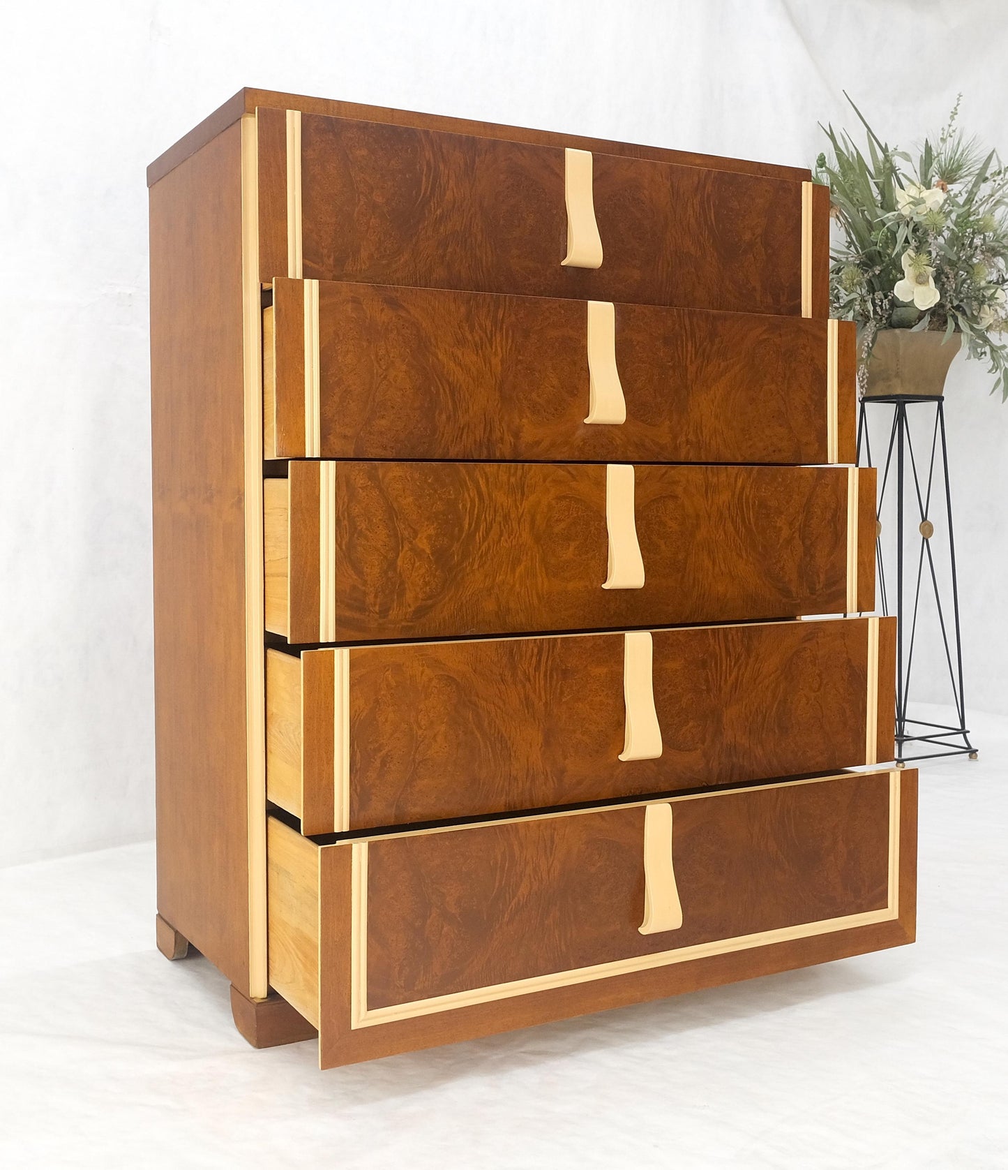 EstablishedLines Restored Art Deco Mid Century Burl Wood 5 Drawers Tall High Chest Dresser MINT!