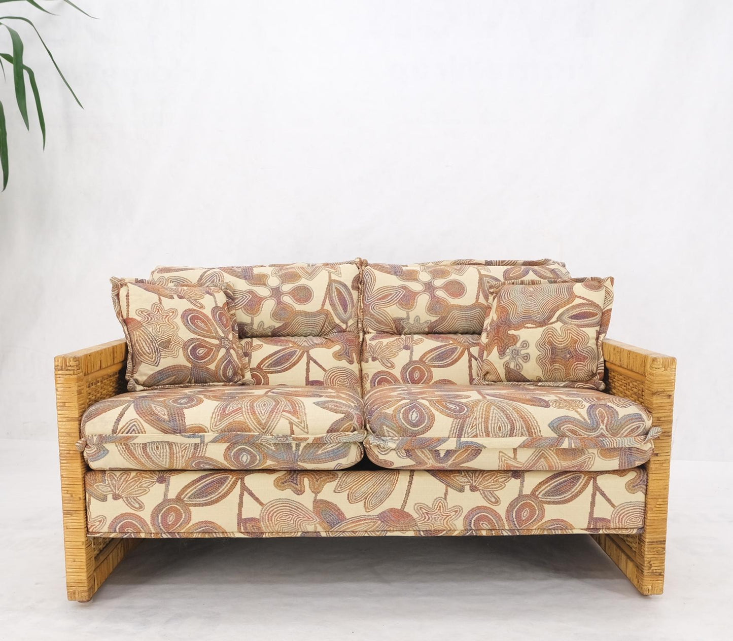 EstablishedLines Mid-Century Modern Box Shape Rattan Cane Bamboo Loveseat Sofa Settee Mint!