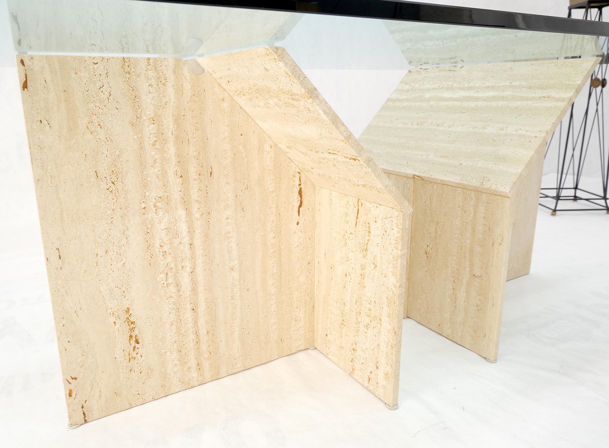 EstablishedLines Large Double Travertine Pedestal Glass Top Dining Conference Table Mint!