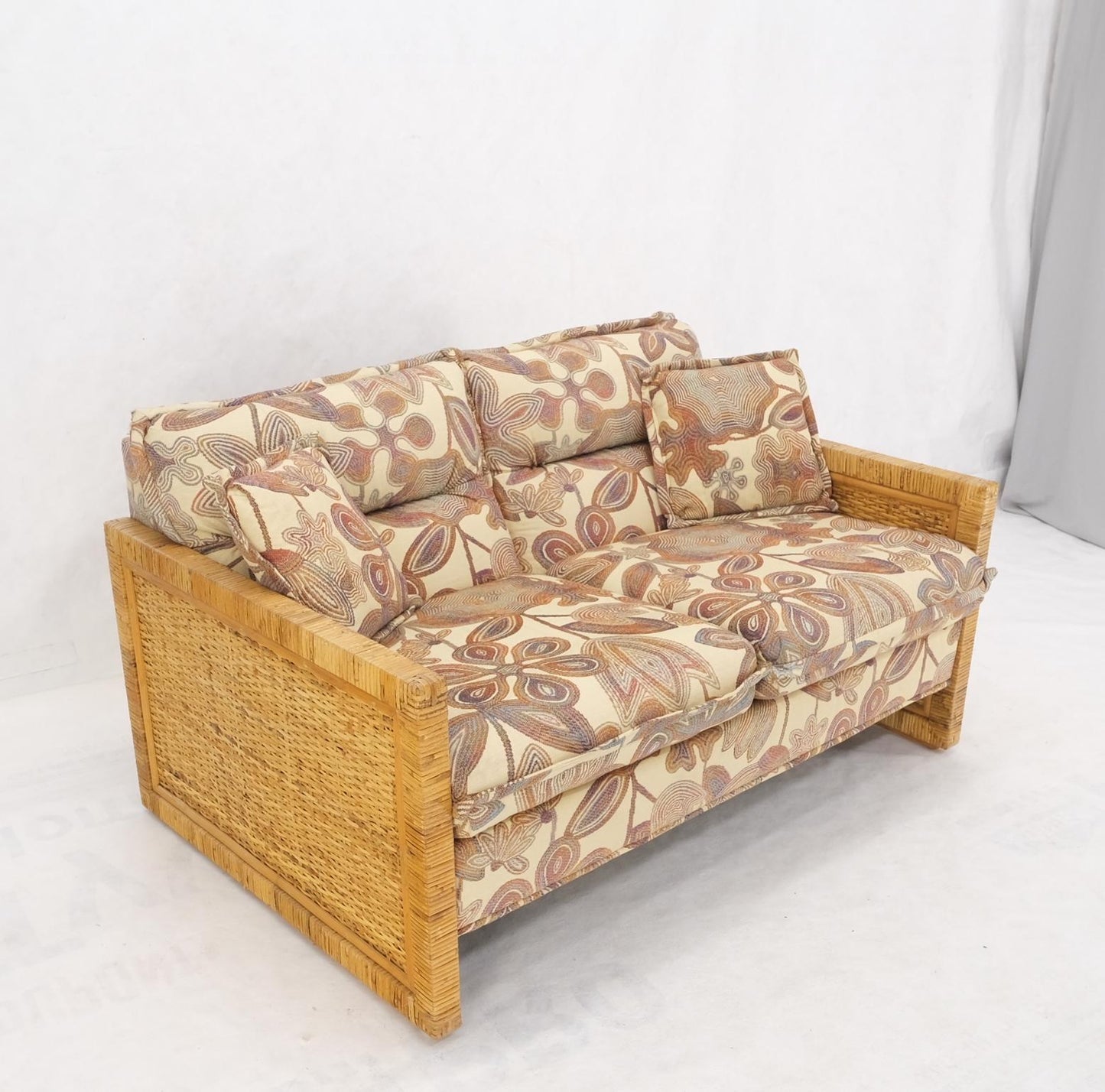 EstablishedLines Mid-Century Modern Box Shape Rattan Cane Bamboo Loveseat Sofa Settee Mint!