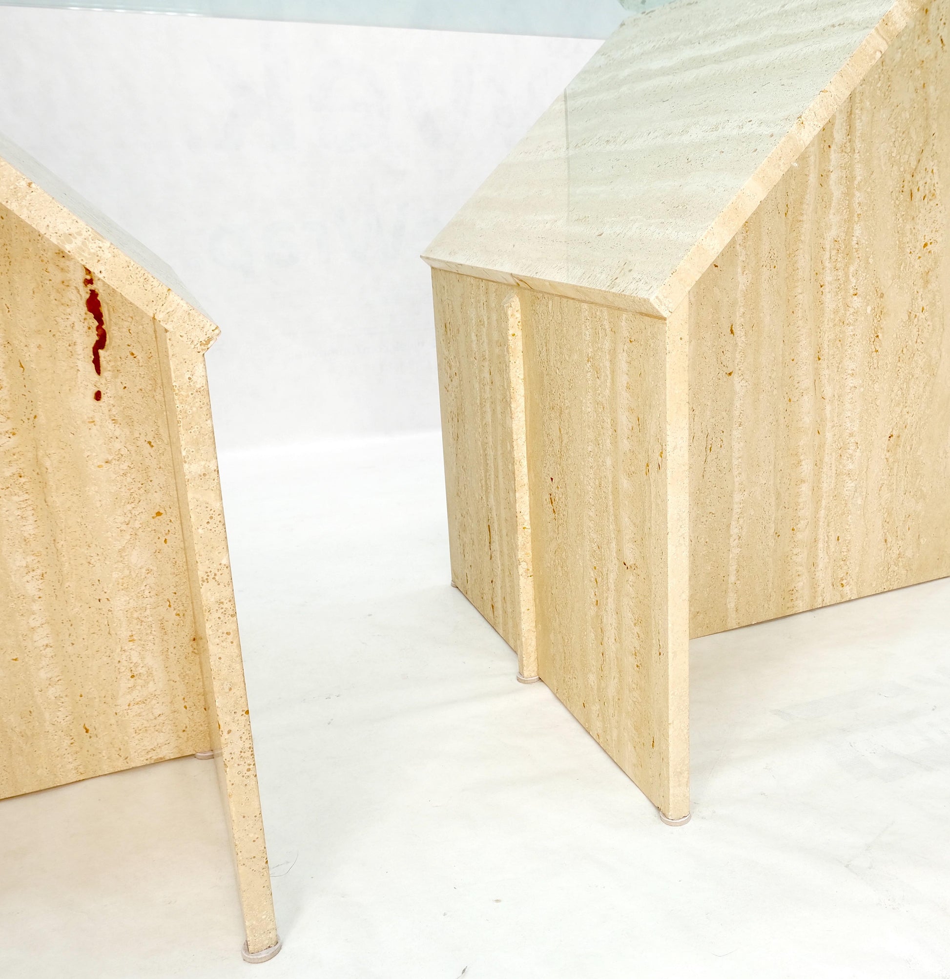 EstablishedLines Large Double Travertine Pedestal Glass Top Dining Conference Table Mint!