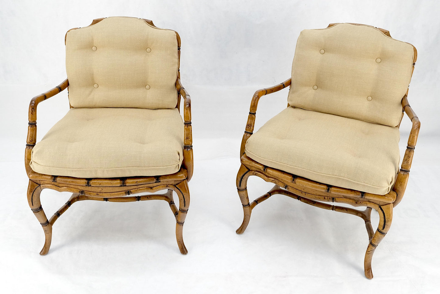 EstablishedLines Faux Bamboo Horn Shape Legs New Linen Upholstery Lounge Chairs MINT!