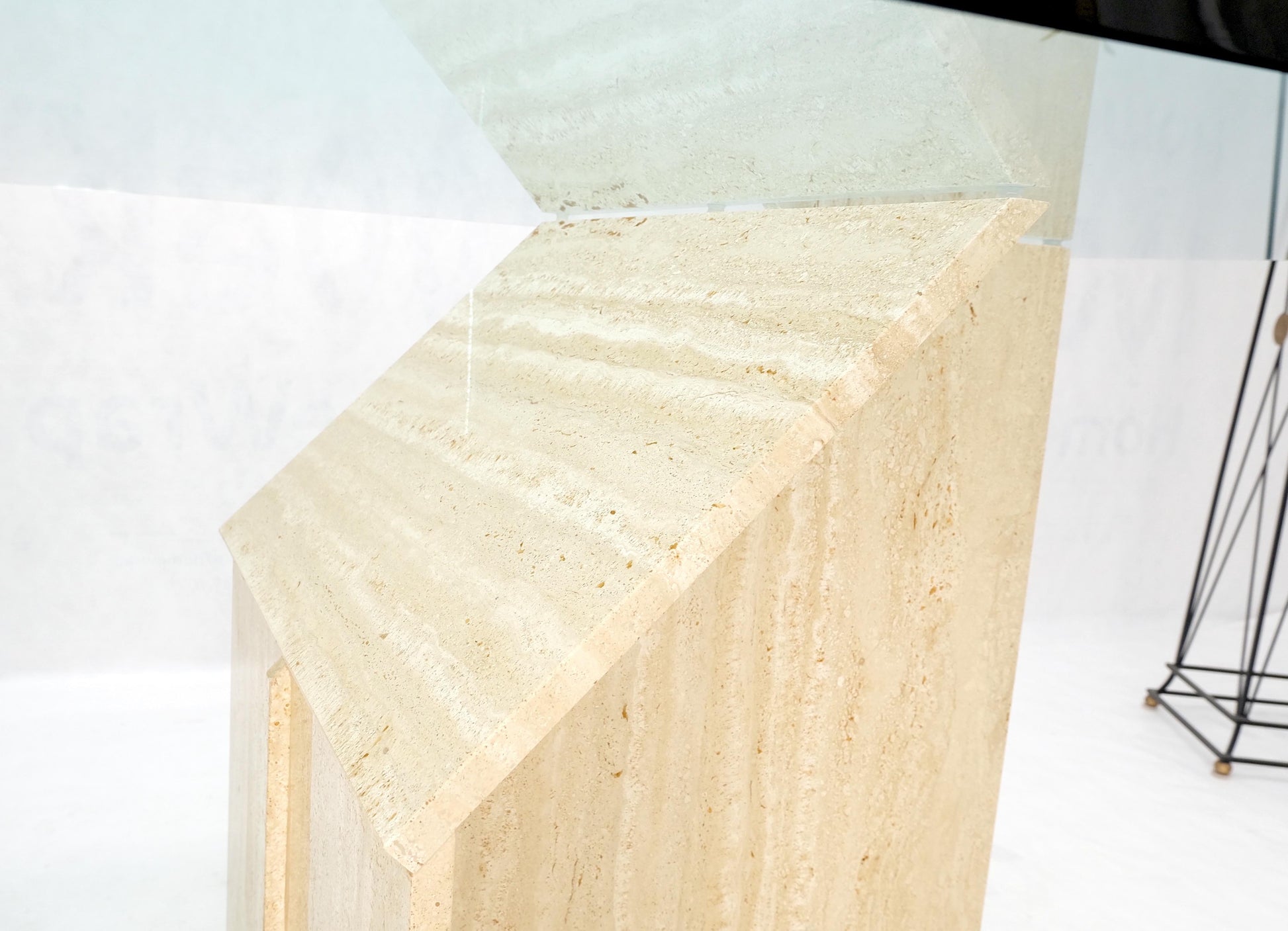 EstablishedLines Large Double Travertine Pedestal Glass Top Dining Conference Table Mint!