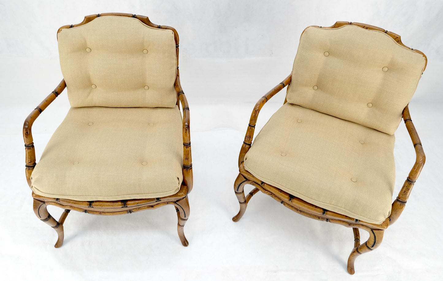 EstablishedLines Faux Bamboo Horn Shape Legs New Linen Upholstery Lounge Chairs MINT!