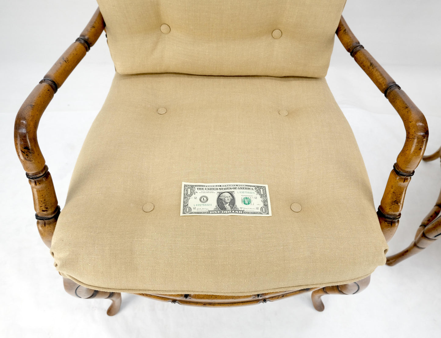 EstablishedLines Faux Bamboo Horn Shape Legs New Linen Upholstery Lounge Chairs MINT!