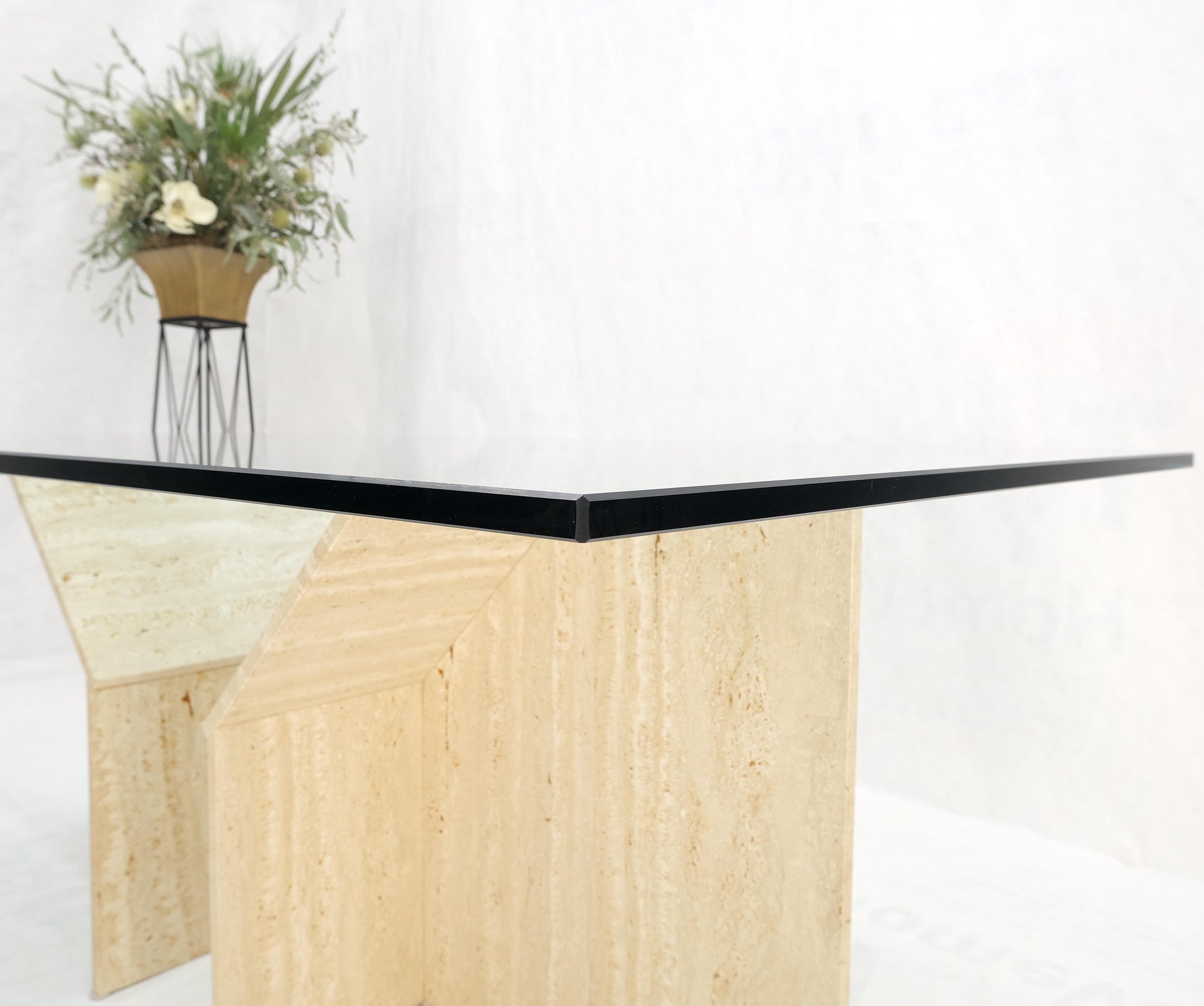 EstablishedLines Large Double Travertine Pedestal Glass Top Dining Conference Table Mint!