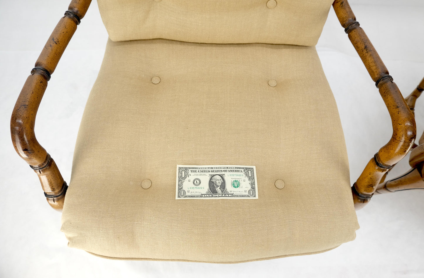 EstablishedLines Faux Bamboo Horn Shape Legs New Linen Upholstery Lounge Chairs MINT!