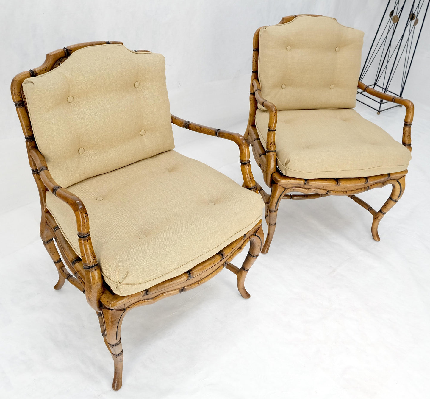 EstablishedLines Faux Bamboo Horn Shape Legs New Linen Upholstery Lounge Chairs MINT!