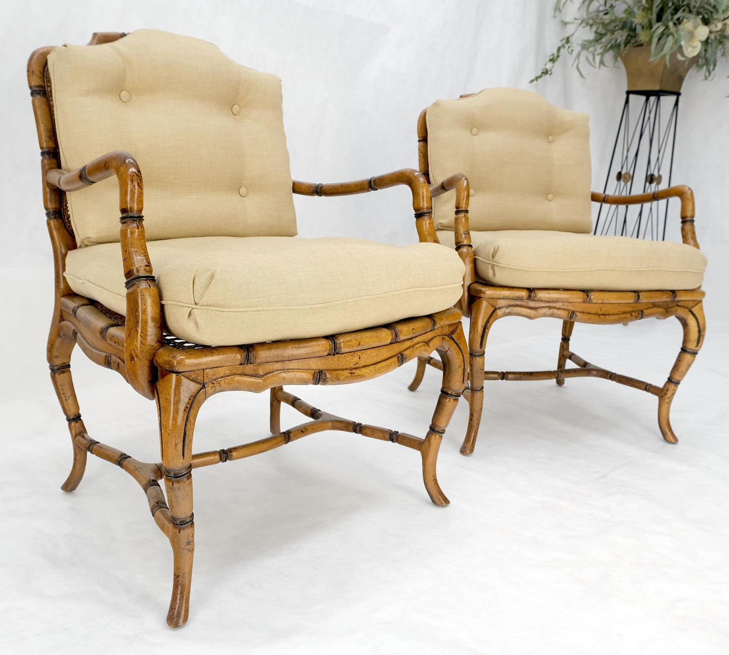 EstablishedLines Faux Bamboo Horn Shape Legs New Linen Upholstery Lounge Chairs MINT!
