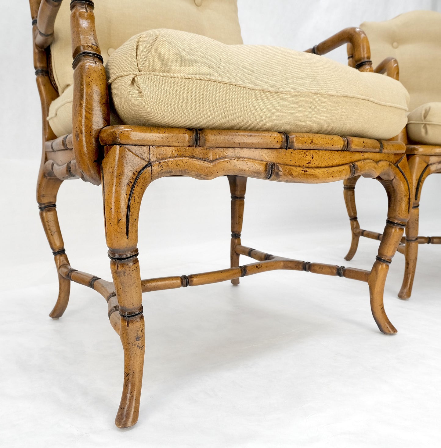 EstablishedLines Faux Bamboo Horn Shape Legs New Linen Upholstery Lounge Chairs MINT!