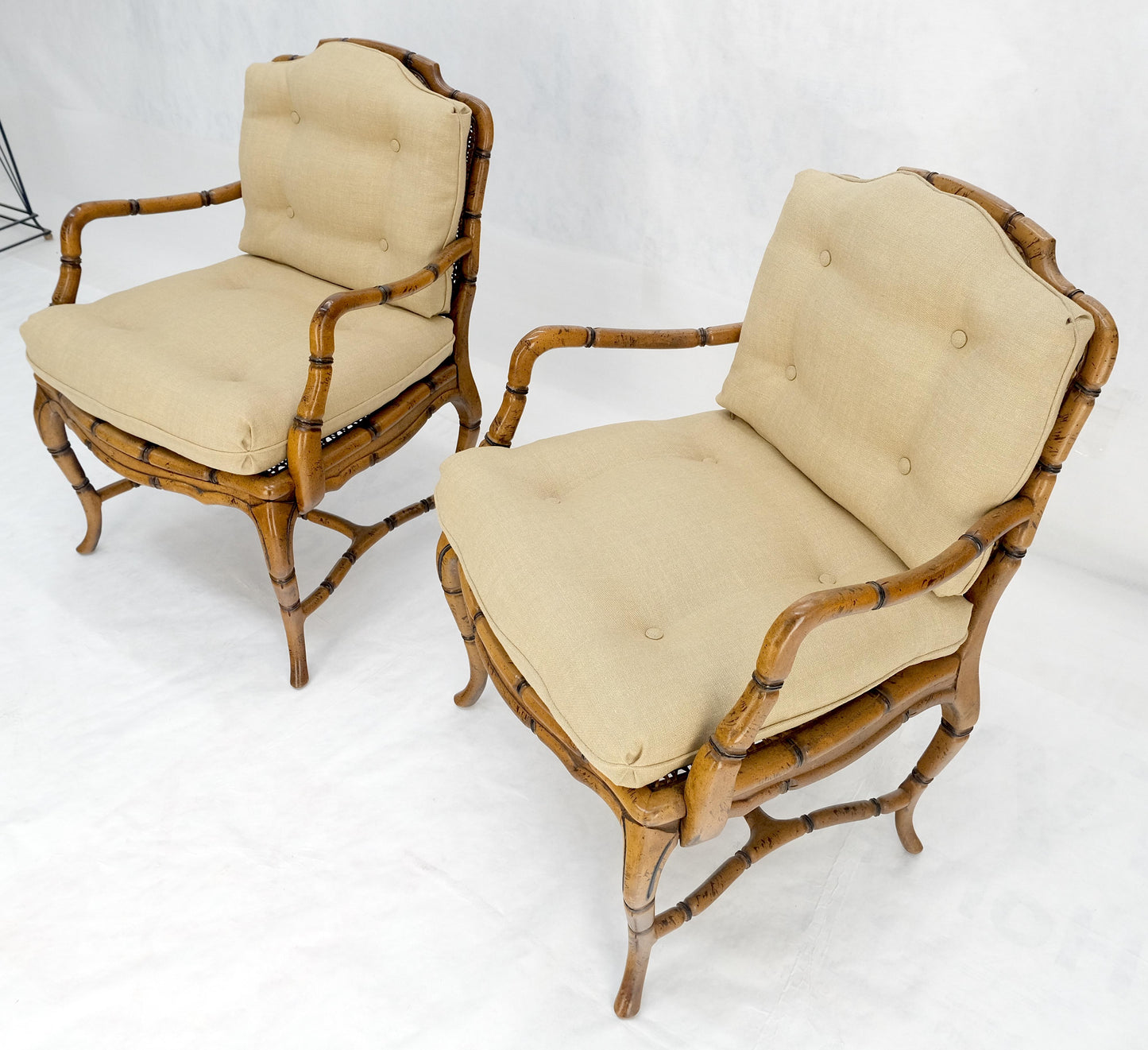 EstablishedLines Faux Bamboo Horn Shape Legs New Linen Upholstery Lounge Chairs MINT!