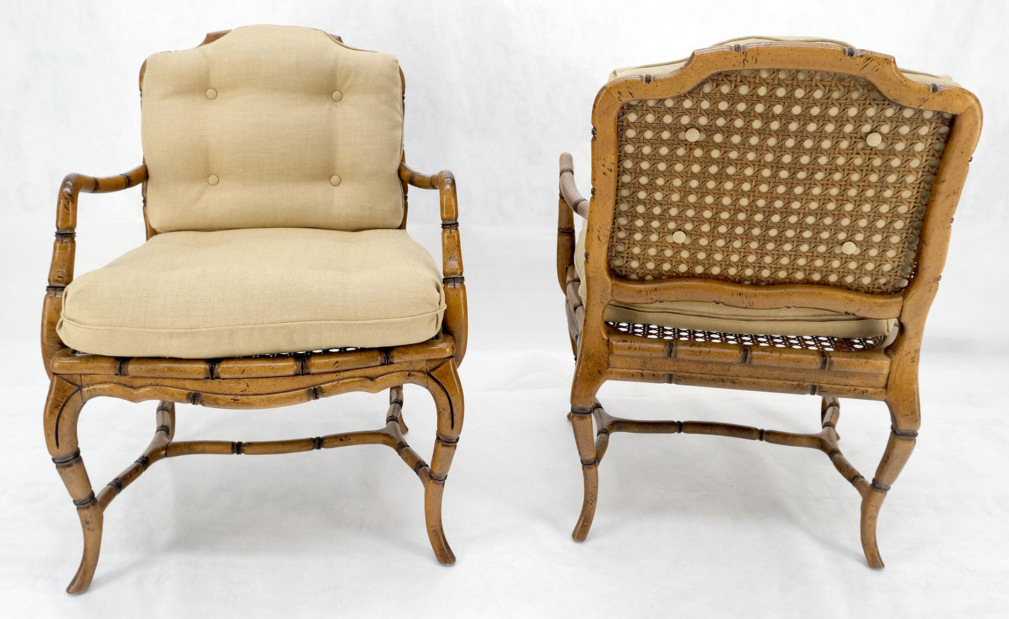 EstablishedLines Faux Bamboo Horn Shape Legs New Linen Upholstery Lounge Chairs MINT!