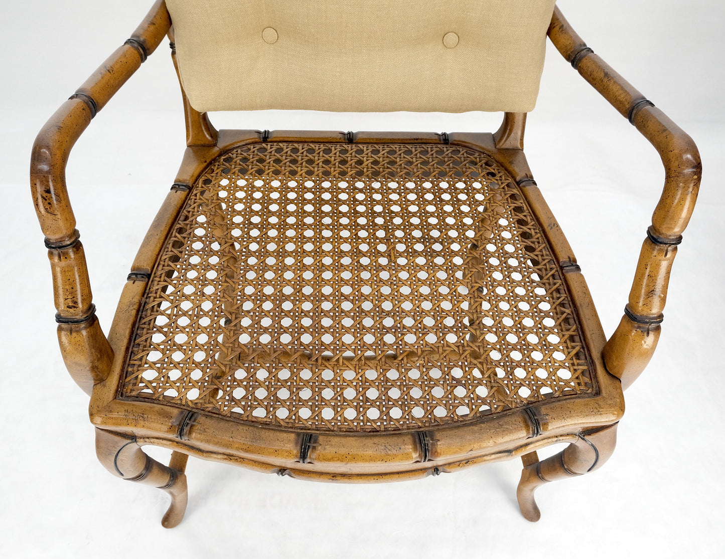 EstablishedLines Faux Bamboo Horn Shape Legs New Linen Upholstery Lounge Chairs MINT!