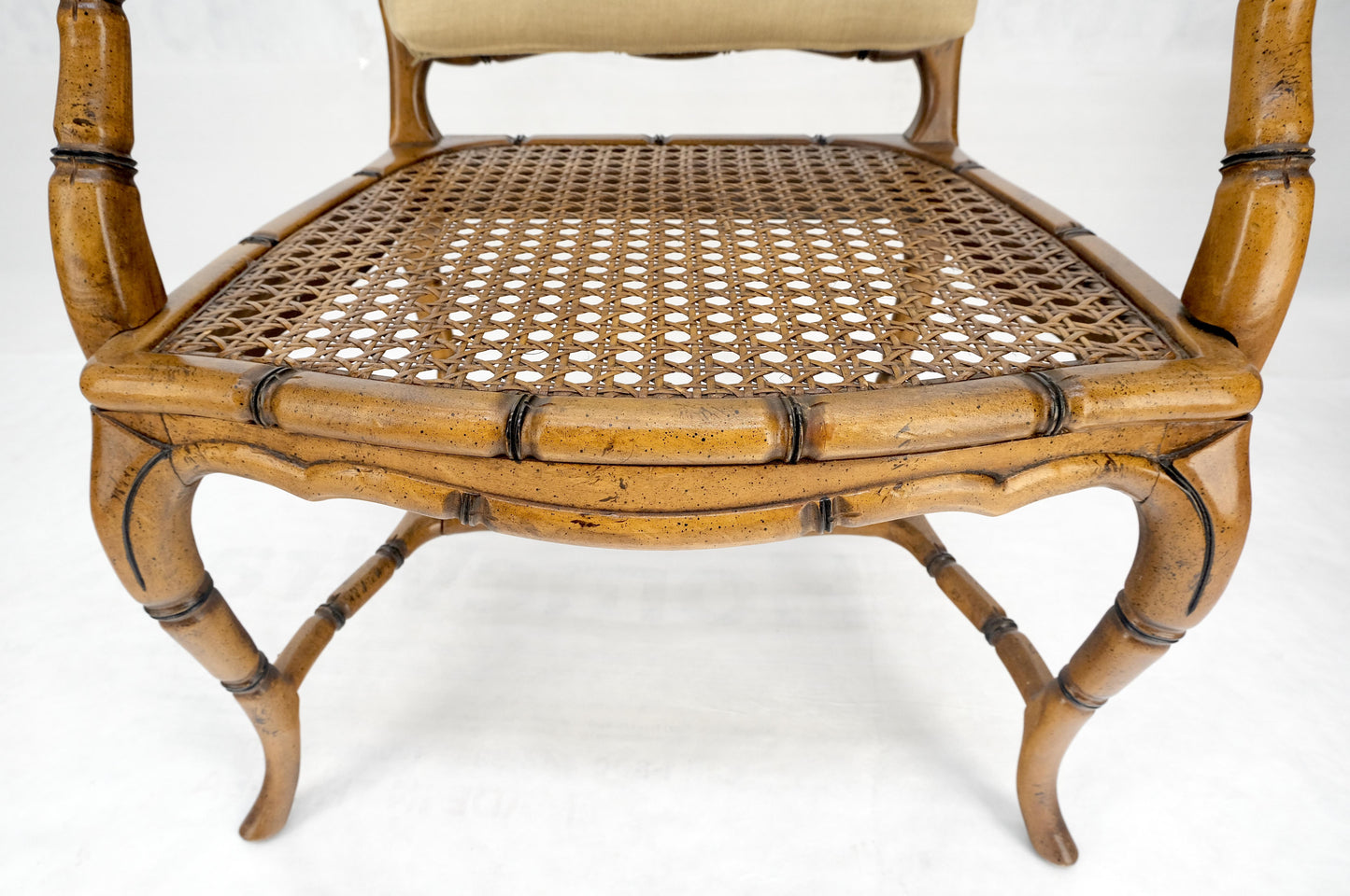 EstablishedLines Faux Bamboo Horn Shape Legs New Linen Upholstery Lounge Chairs MINT!